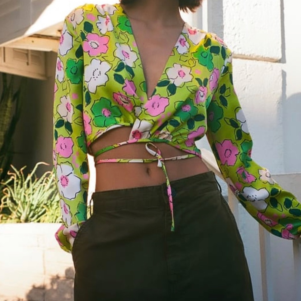 Zara Satin Floral Cropped Tie Wrap Top Sz S NWT